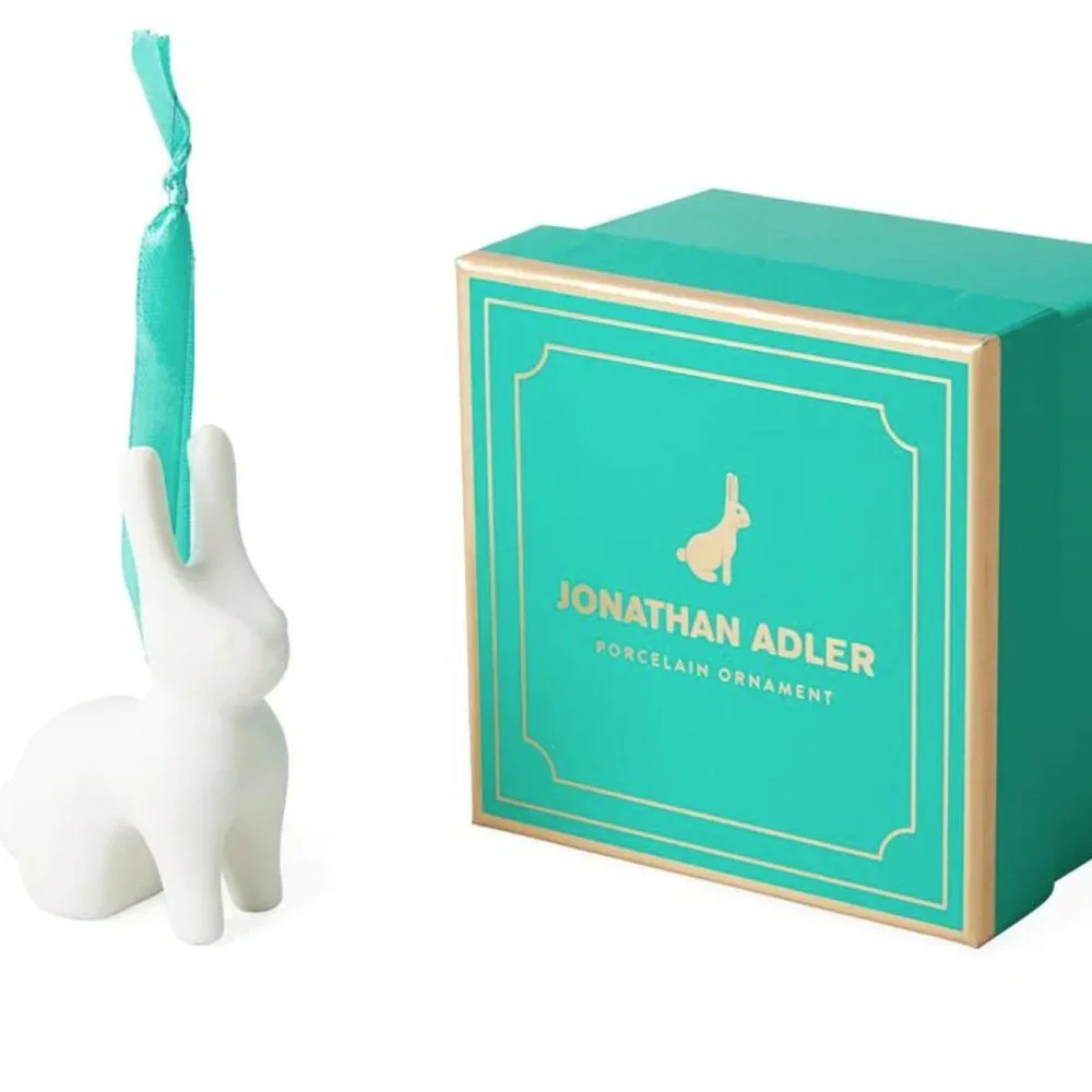 JONATHAN ADLER RABBIT ORNAMENT NEW IN BEAUTIFUL GREEN AND GOLD BOX